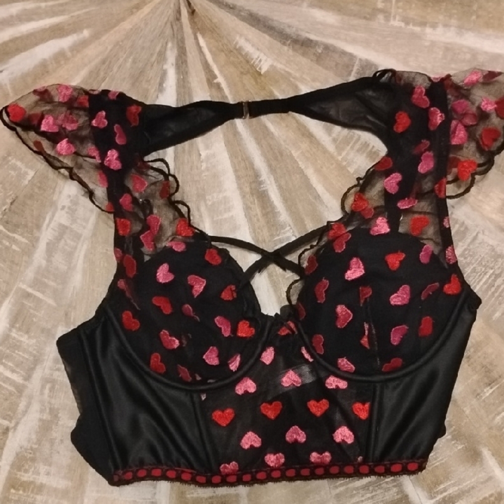 Black Bralette with Red and Pink Heart Accents